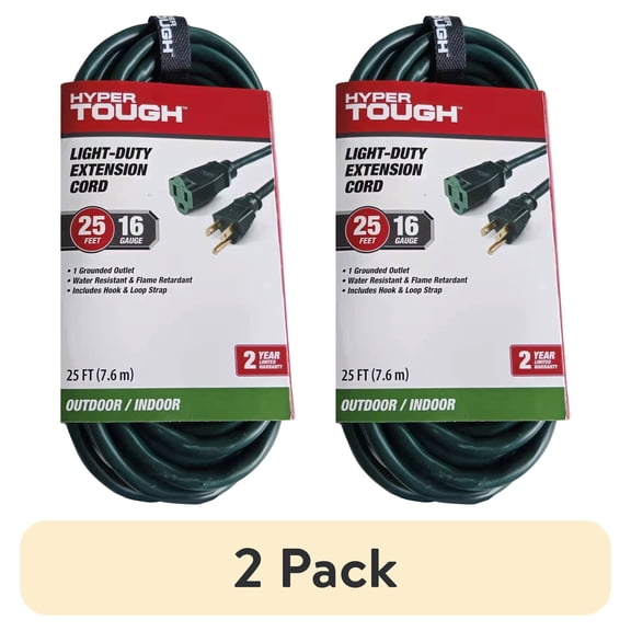 (2 pack) Hyper Tough 25 ft Green 16AWG 3-Prong Single Outlet Outdoor Extension Cord, 13 Amps