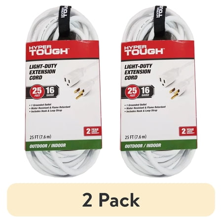 (2 pack) Hyper Tough 25 ft 16AWG 3-Prong White Single Outlet Outdoor Extension Cord, 125V 13A