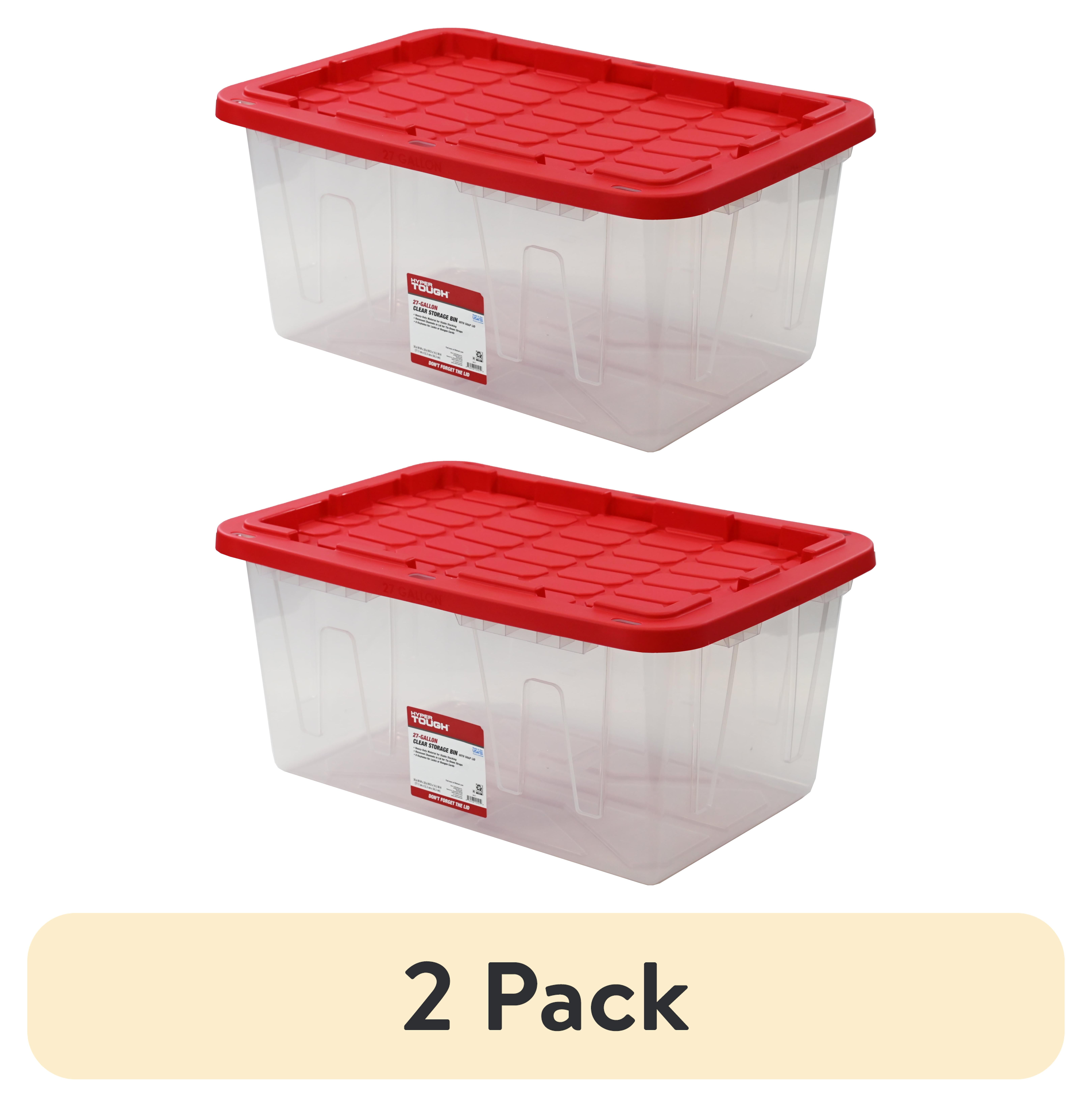 (2 pack) Hyper Tough 27 Gallon Large Storage Bin with Red Snap Lid, Heavy Duty Clear Plastic Storage Container