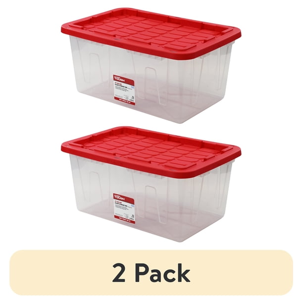 2 pack) Hyper Tough 27 Gallon Large Storage Bin with Red Snap Lid