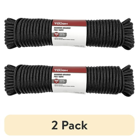 (2 pack) Hyper Tough 3/8 inch x 100 ft, Diamond Braided Polypropylene, Black Rope