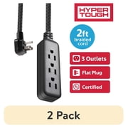 (2 pack) Hyper Tough Flat Plug Extension Cord, 2 ft Braided Cord, 3 Outlets, 3 Prong Grounded, Indoor, Black