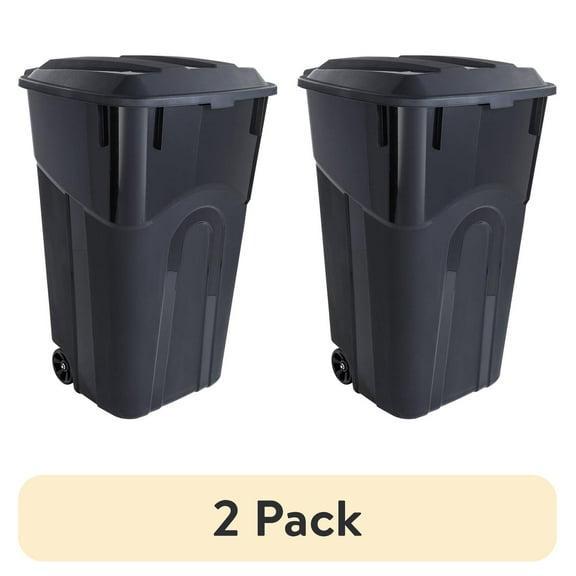 (2 pack) Hyper Tough 32 Gallon Wheeled Heavy Duty Plastic Garbage Can, Attached Lid, Black