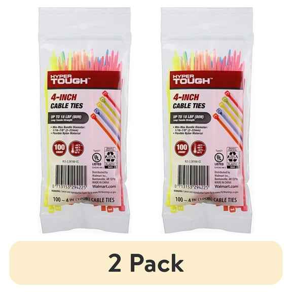 (2 pack) Hyper Tough 4 inch Cable Tie Mult-Color 100Pcs