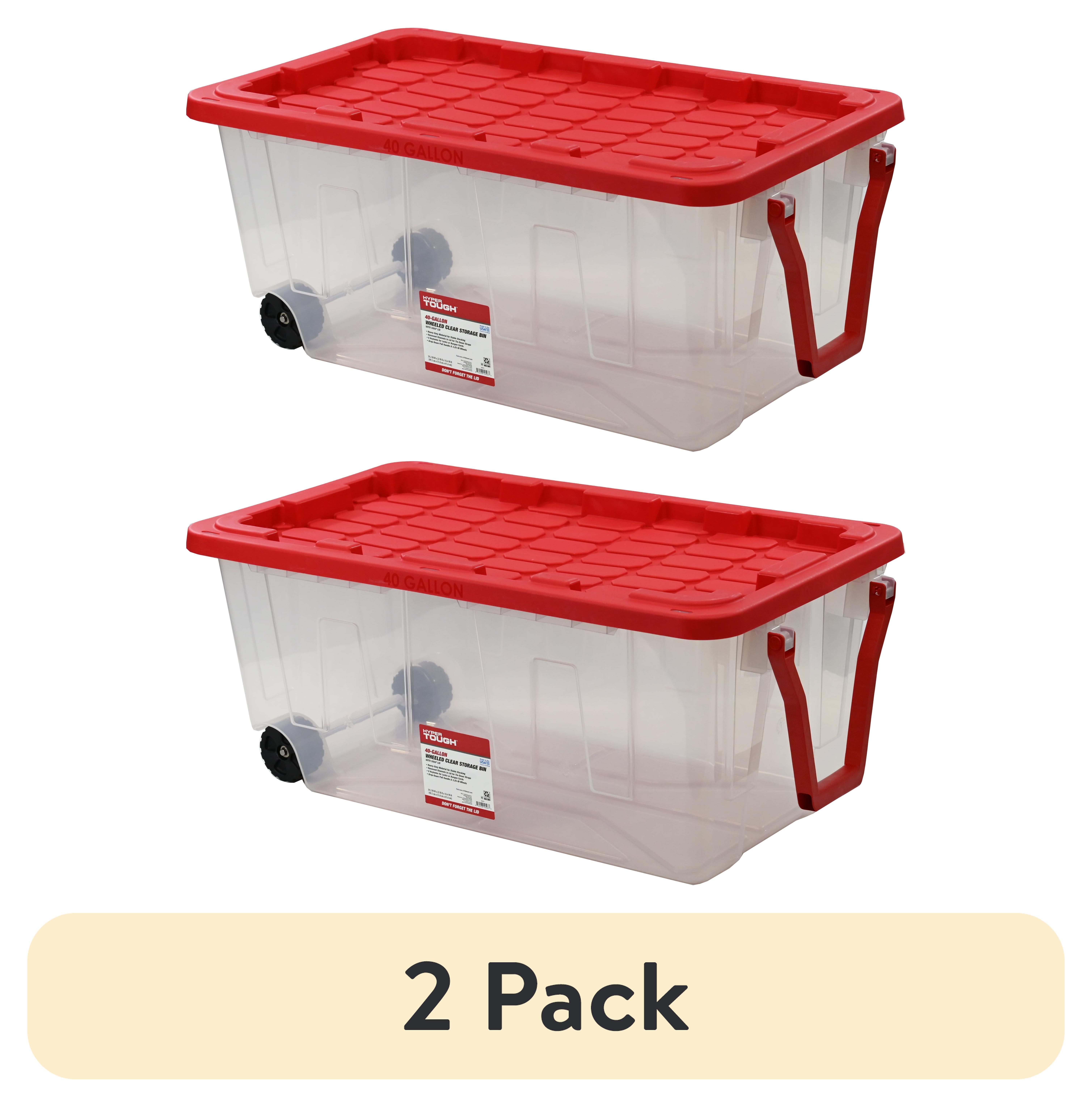 (2 pack) Heavy Duty Hyper Tough 40 Gallon Clear Plastic Wheeled Storage Bin, Red Lid, Storage for all ages