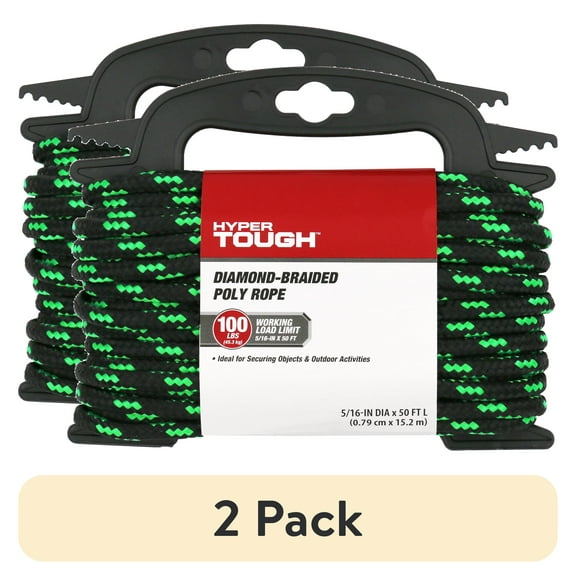 (2 pack) Hyper Tough 5/16” Diamond Braided Polypropylene Rope 50 feet, Black and Green