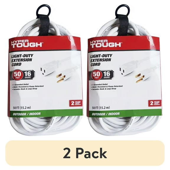 (2 pack) Hyper Tough 50FT 16AWG 3-Prong White Single Outlet Outdoor Extension Cord, 125V, 13A