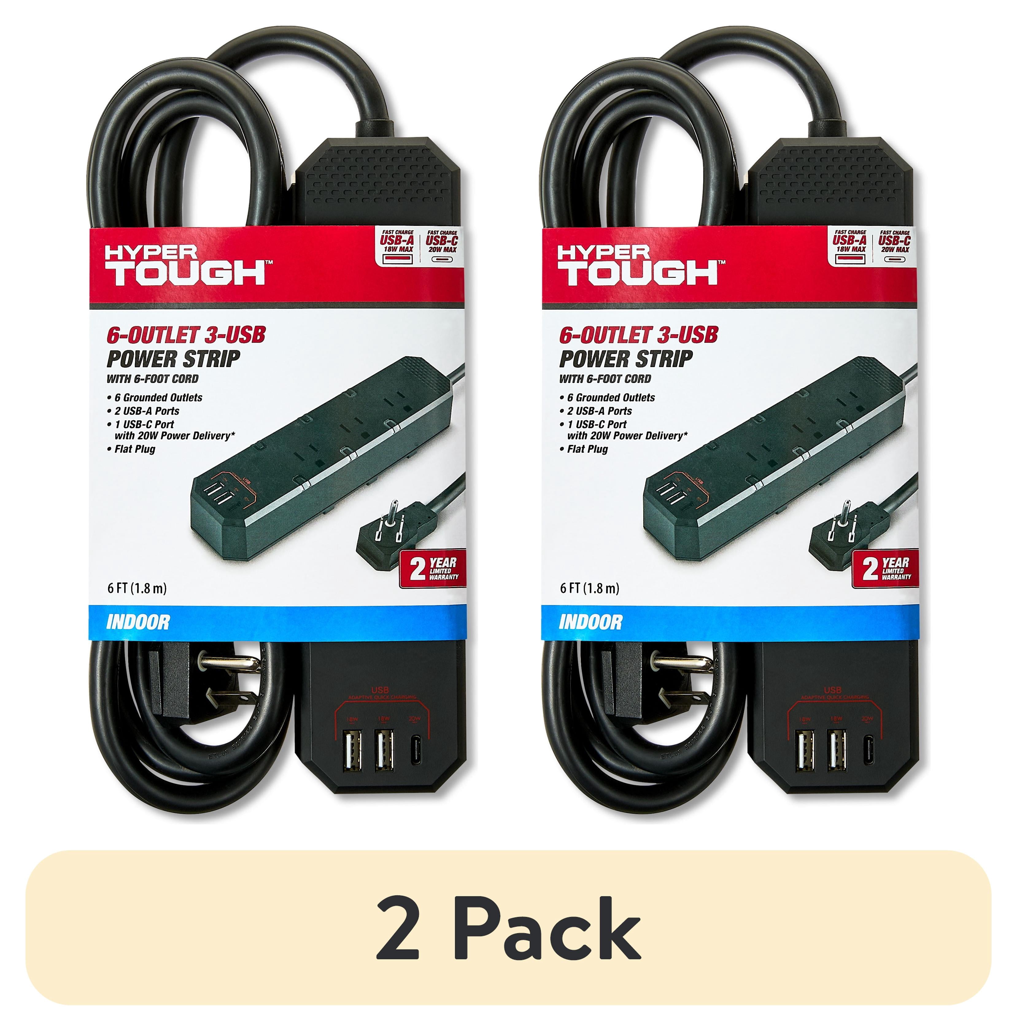 (2 pack) Hyper Tough 6-Outlet 3-USB Indoor Power Strip, Black, 6' Cord, 15 amps