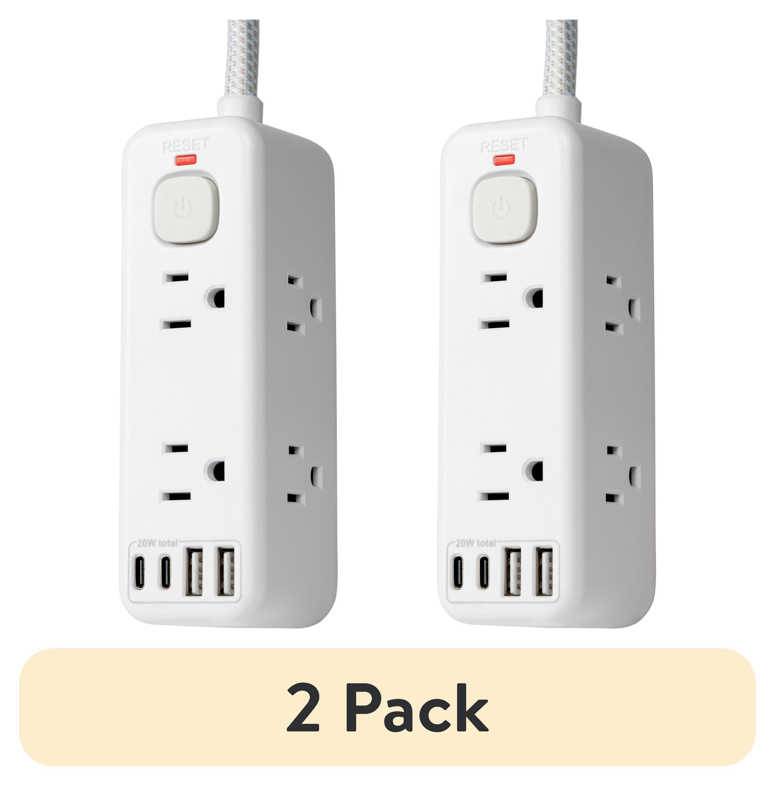 (2 pack) Hyper Tough USB Power Strip, 3ft Extension Cord, 6 Outlet, USB-A, USB-C, 900J Surge Protector, White