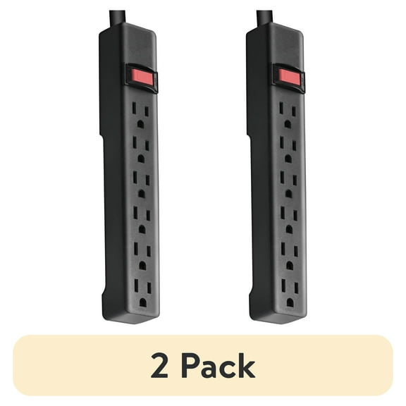 (2 pack) Hyper Tough 6-Outlet Indoor Power Strip, 2.5 ft Extension Cord, UL/ETL Certified, Black