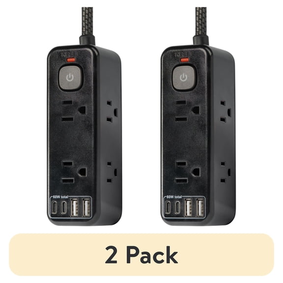 (2 pack) Hyper Tough USB Power Strip, 6ft Extension Cord, 6 Outlet, USB-A, USB-C, 900J Surge Protector, Black