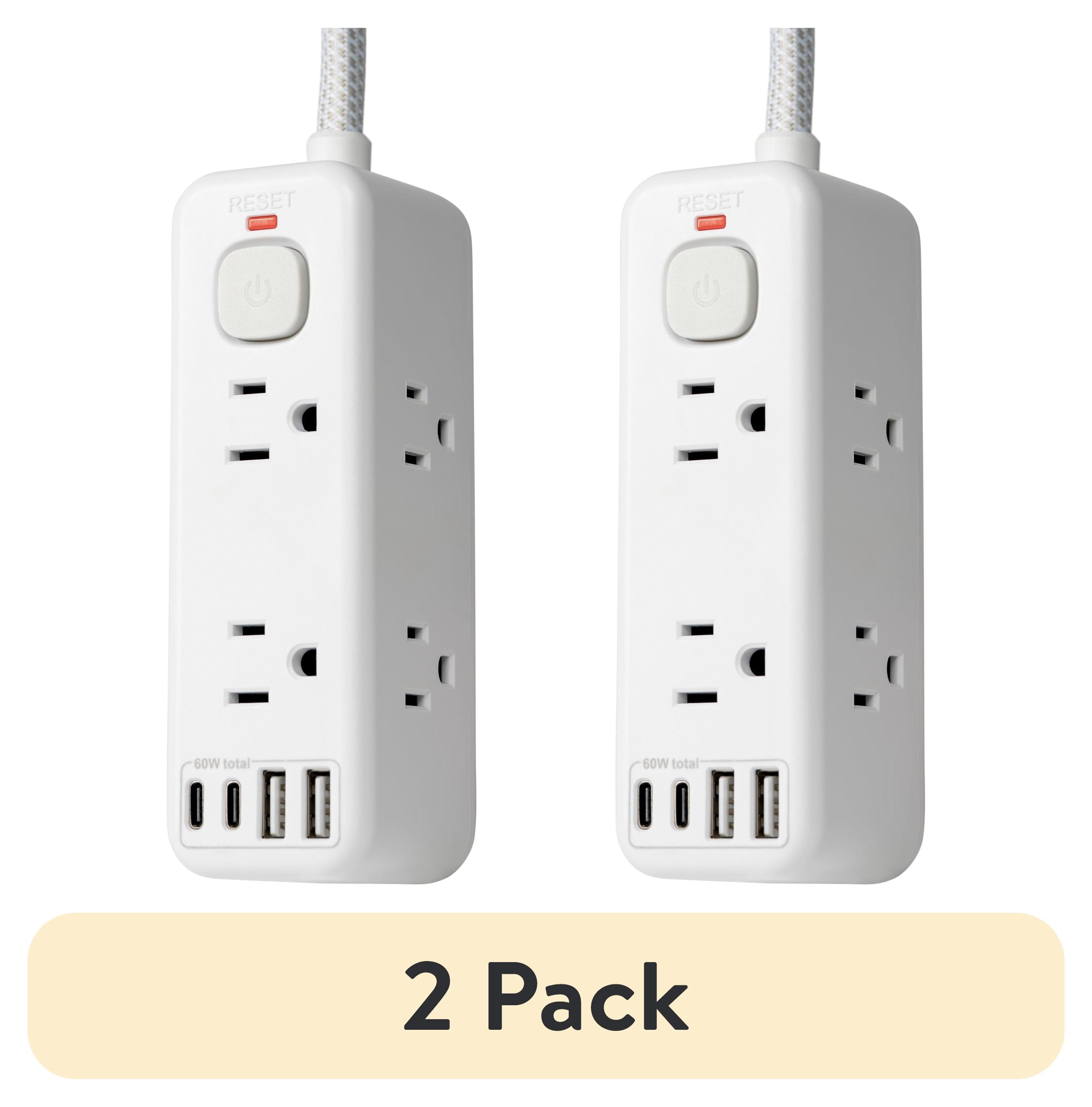 (2 pack) Hyper Tough USB Power Strip, 6ft Extension Cord, 6 Outlet, USB-A, USB-C, 900J Surge Protector, White