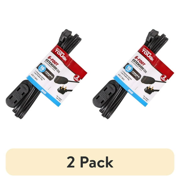 (2 pack) Hyper Tough 6ft 16AWG 2-Prong Black Indoor Extension Cord, 125V, 13A