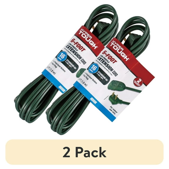 (2 pack) Hyper Tough 6FT 16AWG 2 Prong Green Indoor Household Extension Cord