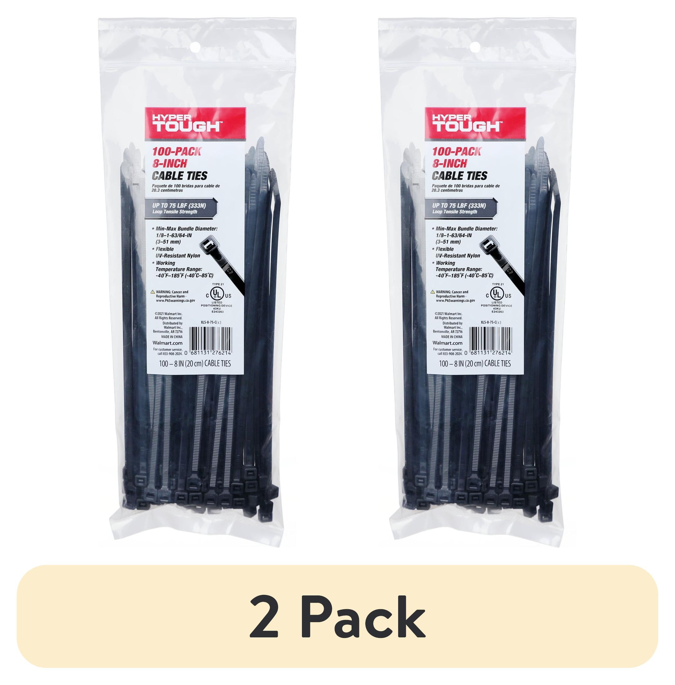 (2 pack) Hyper Tough 8 inch 75lb Cable Ties UV Resistant Black 100 Count