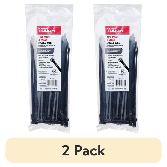 (2 pack) Hyper Tough Cable Ties, 8 in, 75 lb, UV Resistant, Black, 100 Count