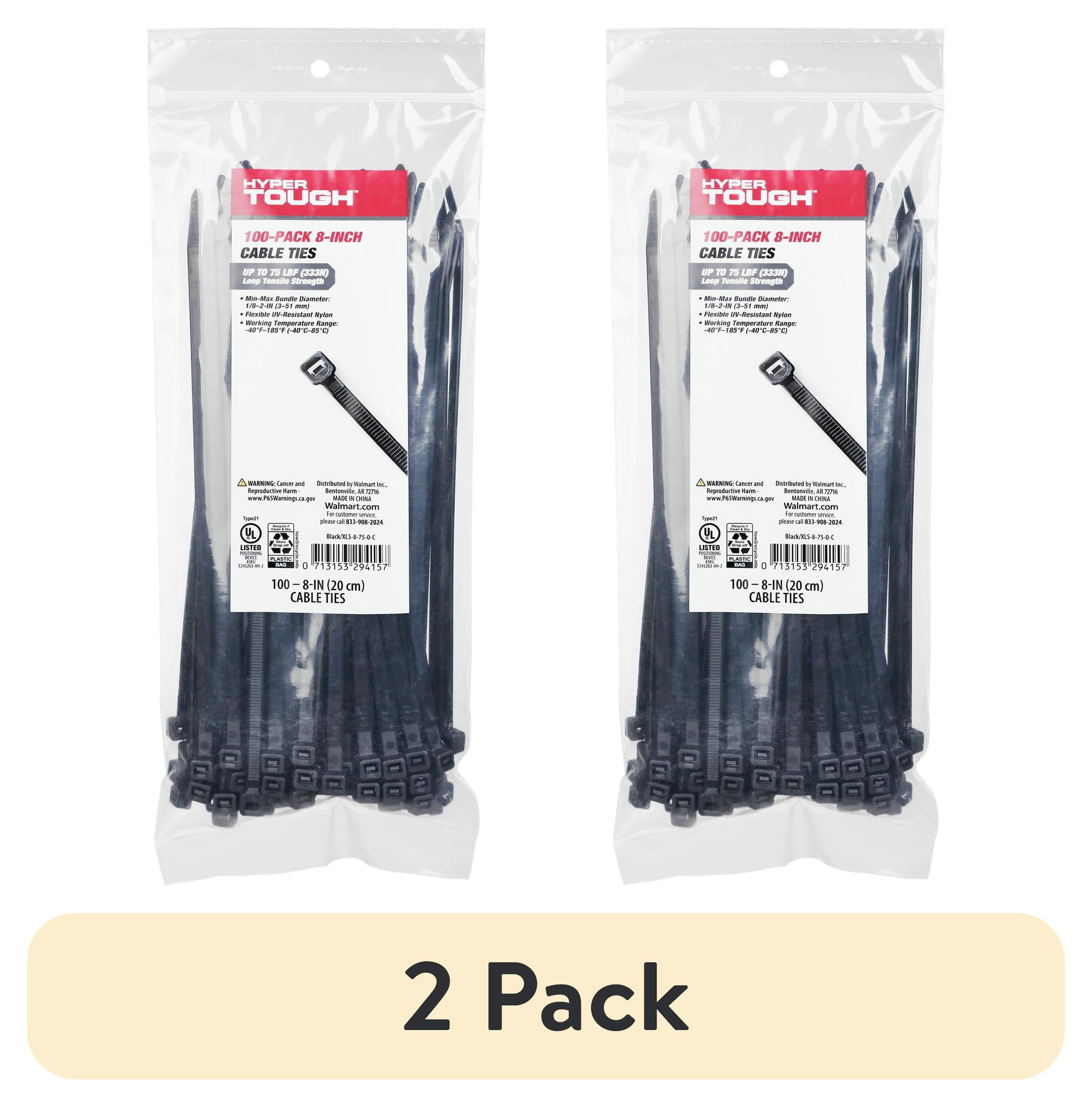 (2 pack) Hyper Tough 8 inch Cable Tie 75lbf Black Color 100Pcs
