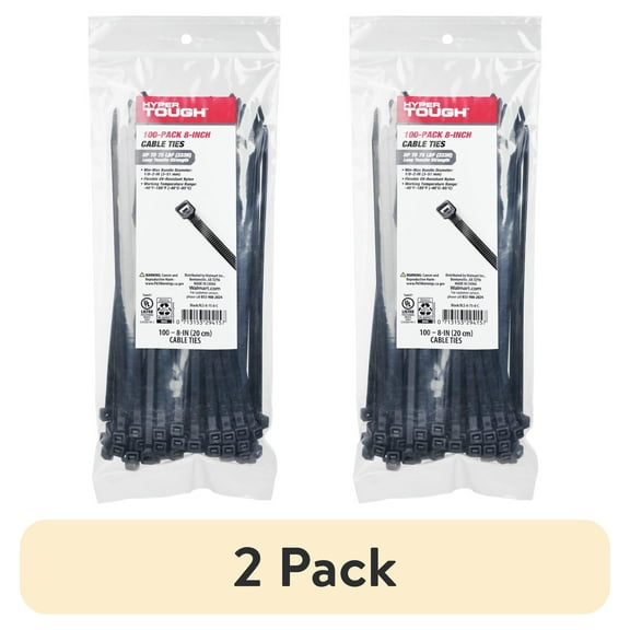 (2 pack) Hyper Tough 8 inch Cable Tie 75lbf Black Color 100Pcs