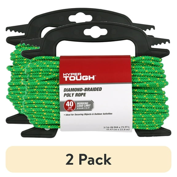 (2 pack) Hyper Tough Diamond Braided Polypropylene Rope, Green, 3/16 inch x 75 feet