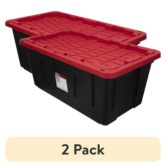 (2 pack) Hyper Tough 40 Gallon Extra Large Storage Bin with Snap Lid, Black and Red, Heavy Duty Plastic Storage Container