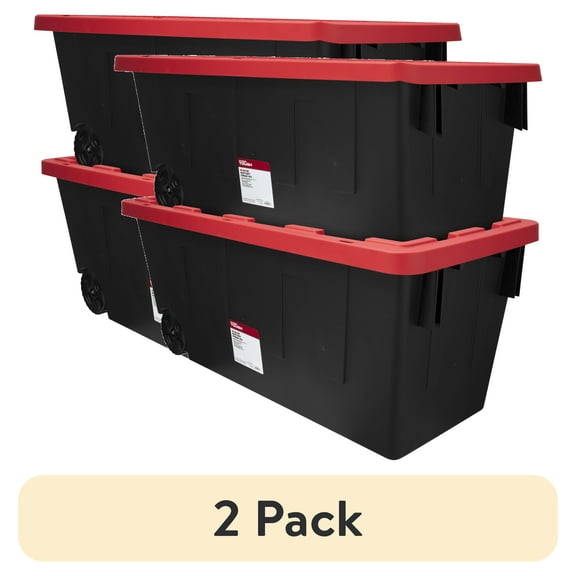 (2 pack) (Pack of 2) Hyper Tough 50 Gallon Extra Large Storage Bin with Snap Lid and Wheels, Black and Red, Heavy Duty Plastic Storage Container