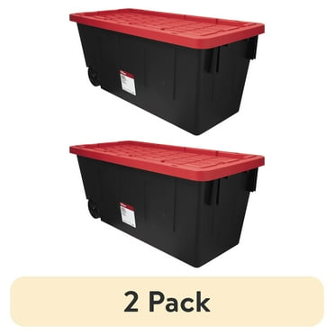 (2 pack) Hyper Tough Extra Large Storage Bin, 50 Gallon Plastic Storage Container with Snap-On Lid and Wheels, Black and Red