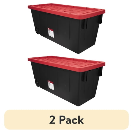 (2 pack) Hyper Tough 50 Gallon Extra Large Storage Bin with Snap Lid and Wheels, Black and Red, Heavy Duty Plastic Storage Container