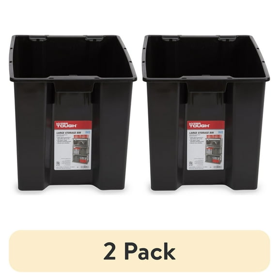 (2 pack) Hyper Tough Garage Plastic Storage Bin Large Nesting Stacking, Black