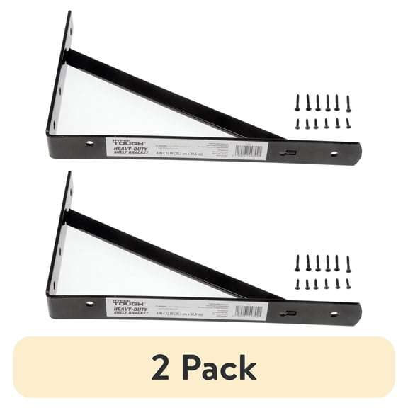 (2 pack) Hyper Tough Heavy Duty Shelf Bracket, 8" x 12" Black, Steel, Mounting Hardware Included