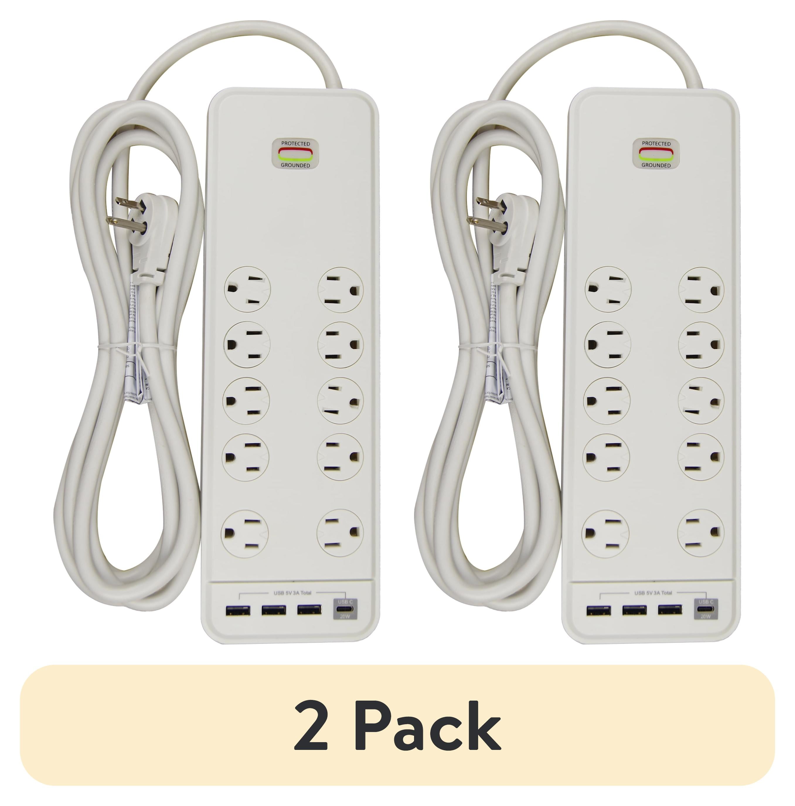 (2 pack) Hyper Tough Indoor 10-Outlet 10ft Surge Protector 2480-Joule Protection with 4 USB Ports, White