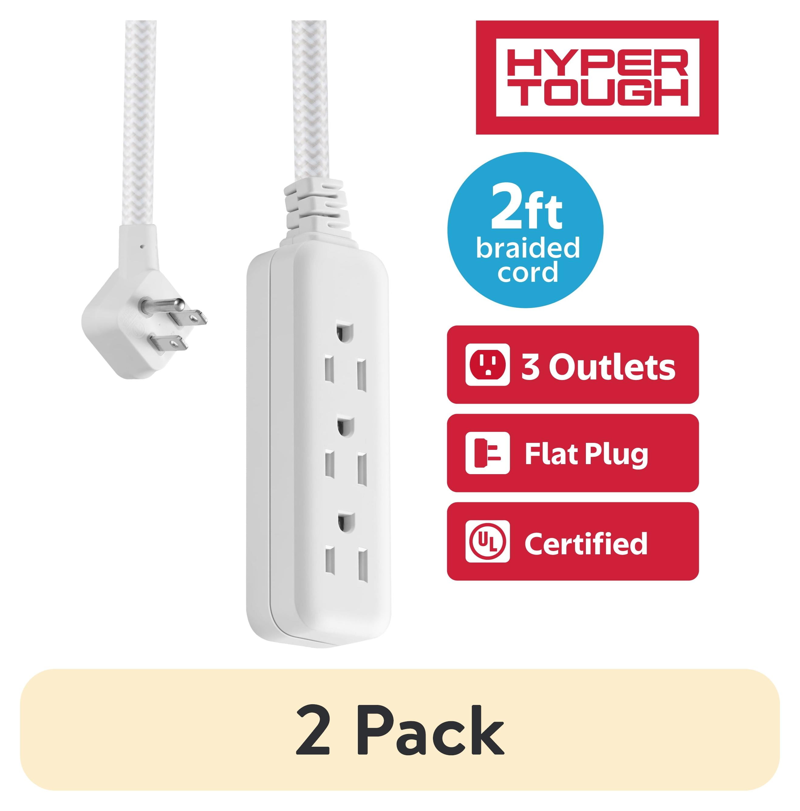 (2 pack) Hyper Tough Flat Plug Extension Cord, 2 ft Braided Cord, 3 Outlets, 3 Prong Grounded, Indoor, White