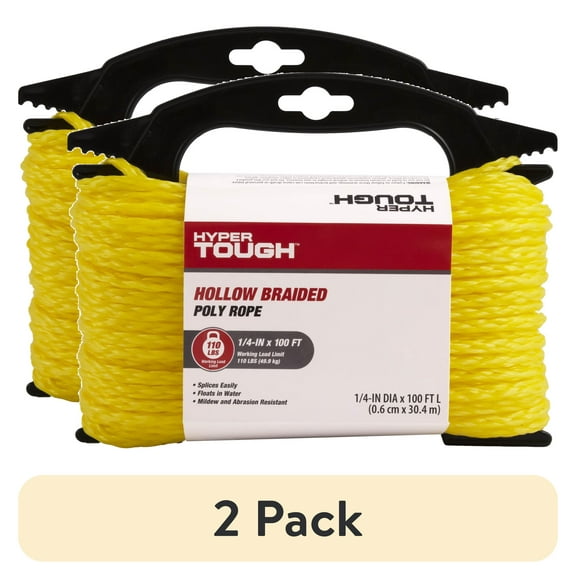 (2 pack) Hyper Tough Item DF4100W-HT, Polypropylene Hollow Braid Rope, Yellow, 1/4" x 100', 1 Each
