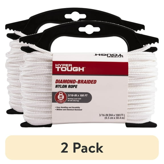 (2 pack) Hyper Tough, Item ND6100-HT, Nylon Blend Diamond Braid Rope, White, 3/16" x 100', 1 Each