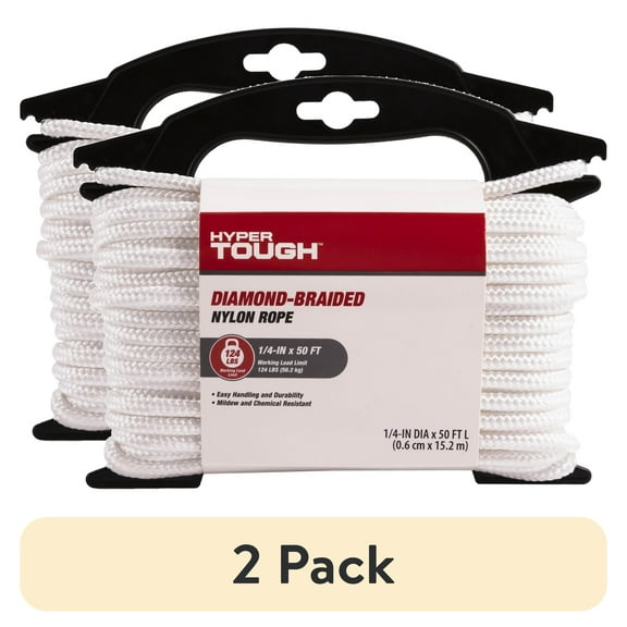 (2 pack) Hyper Tough Item ND850-HT, Nylon Blend Diamond Braid Rope, White, 1/4" x 50', 1 Each