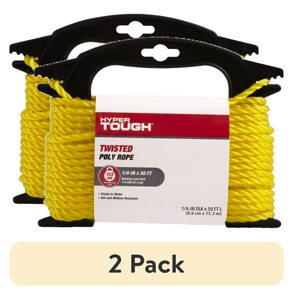 (2 pack) Hyper Tough Item# PT450Y-HT, Polypropylene Twisted Rope, 1/4" x 50', 1 Each