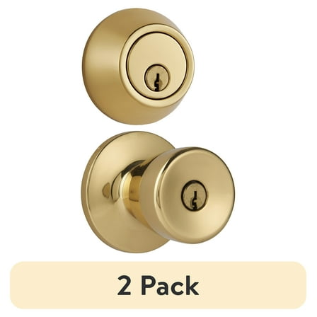(2 pack) Hyper Tough Keyed Entry Tulip Style Doorknob and Deadbolt Combo pack, Polished Brass Finish