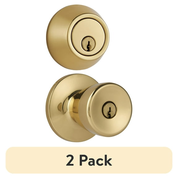 (2 pack) Hyper Tough Keyed Entry Tulip Style Doorknob and Deadbolt Combo pack, Polished Brass Finish