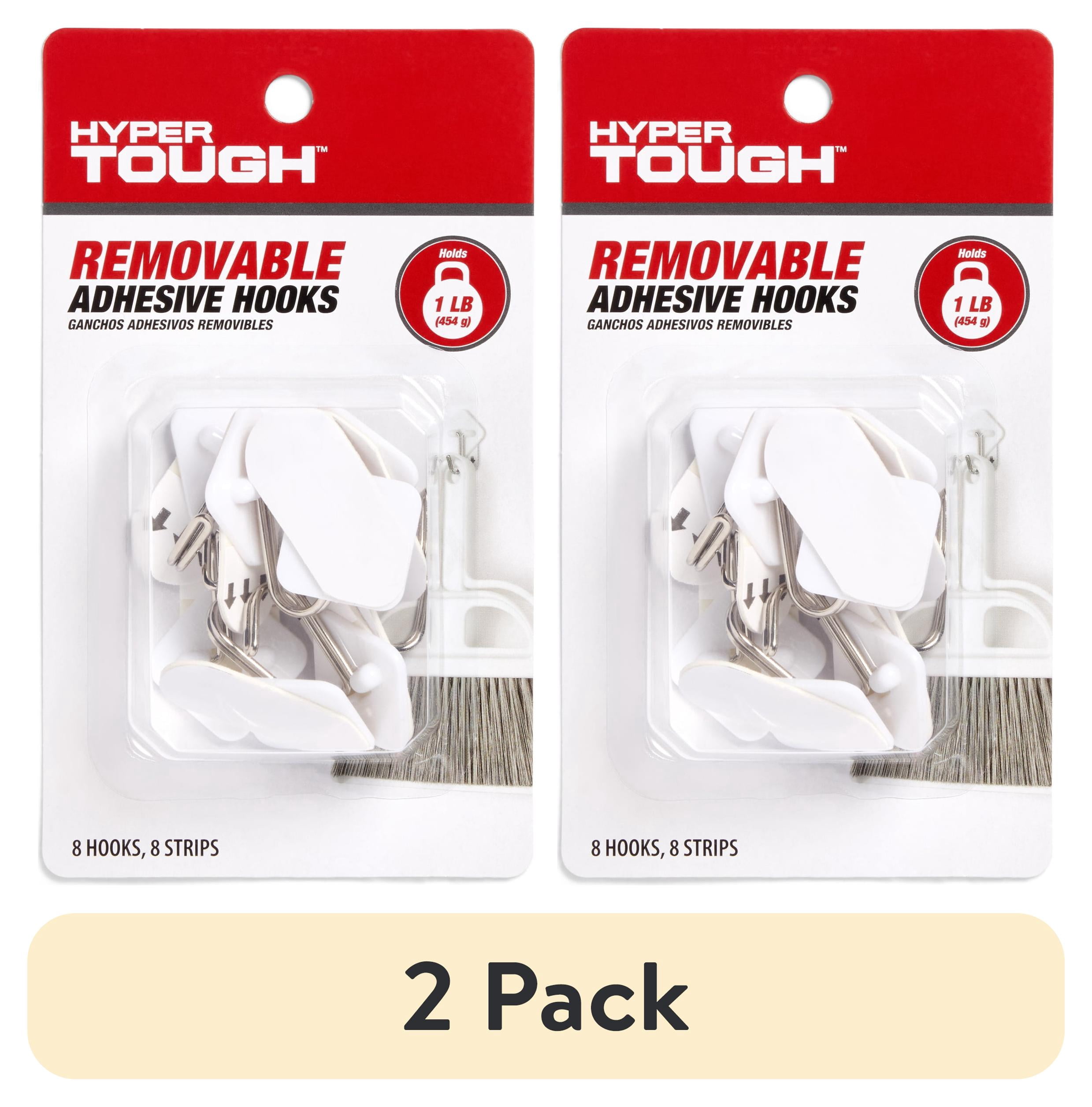 (2 pack) Hyper Tough Medium Removable Hinged Hooks, Oval Plastic Hooks for Hanging Keys, with 2 Strips, 1 lb Capacity, White, 8 Pc