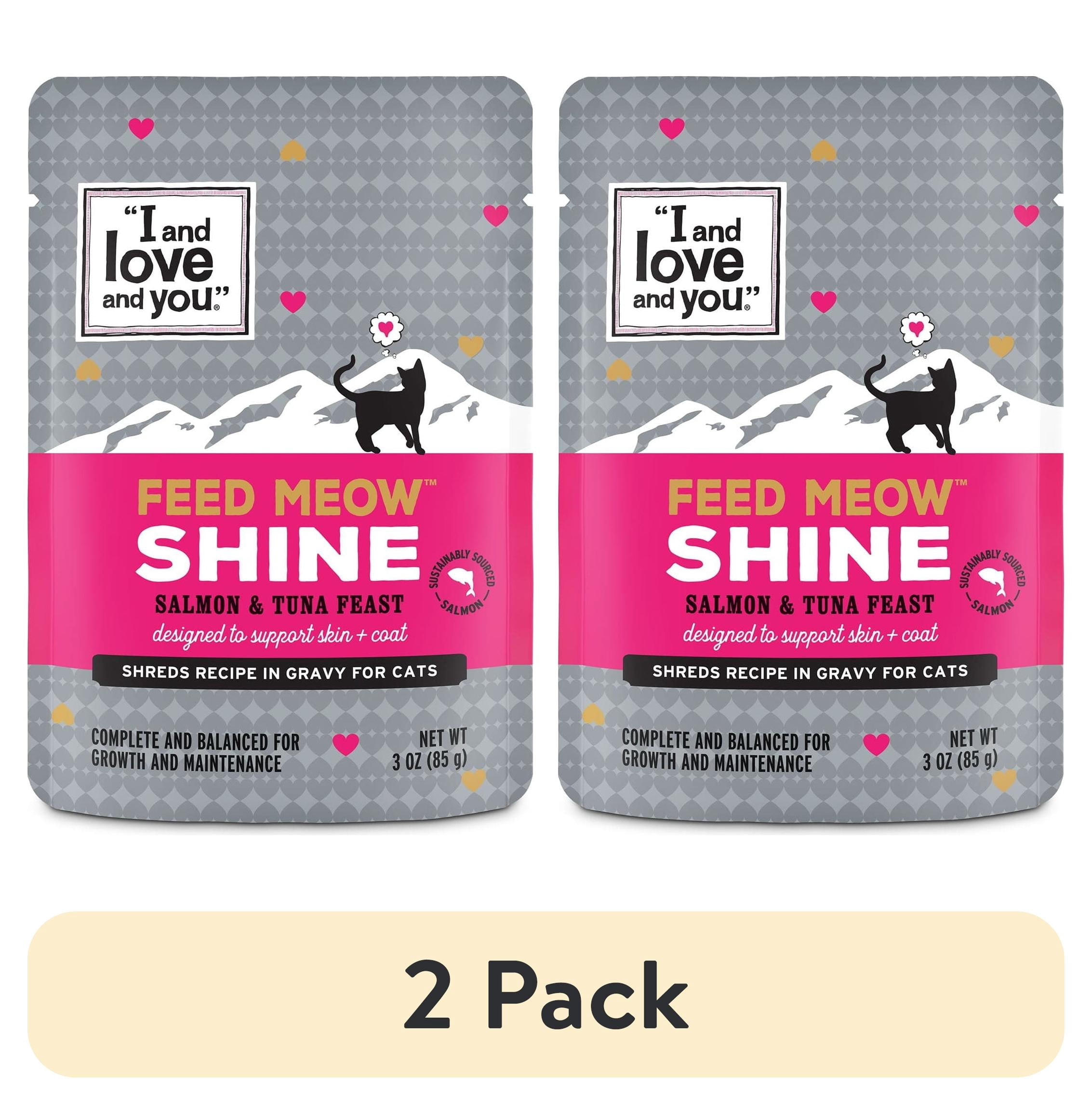 (2 pack) "I and love and you" Feed Meow Wet Cat Food Toppers, Shine Formula with Salmon and Tuna, Omegas 3 and 6 for Healthy Skin and Coat, Grain Free, No Fillers, 3oz Pouches, Pack of 12 Pouches