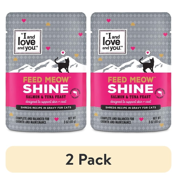 (2 pack) "I and love and you" Feed Meow Wet Cat Food Toppers, Shine Formula with Salmon and Tuna, Omegas 3 and 6 for Healthy Skin and Coat, Grain Free, No Fillers, 3oz Pouches, Pack of 12 Pouches