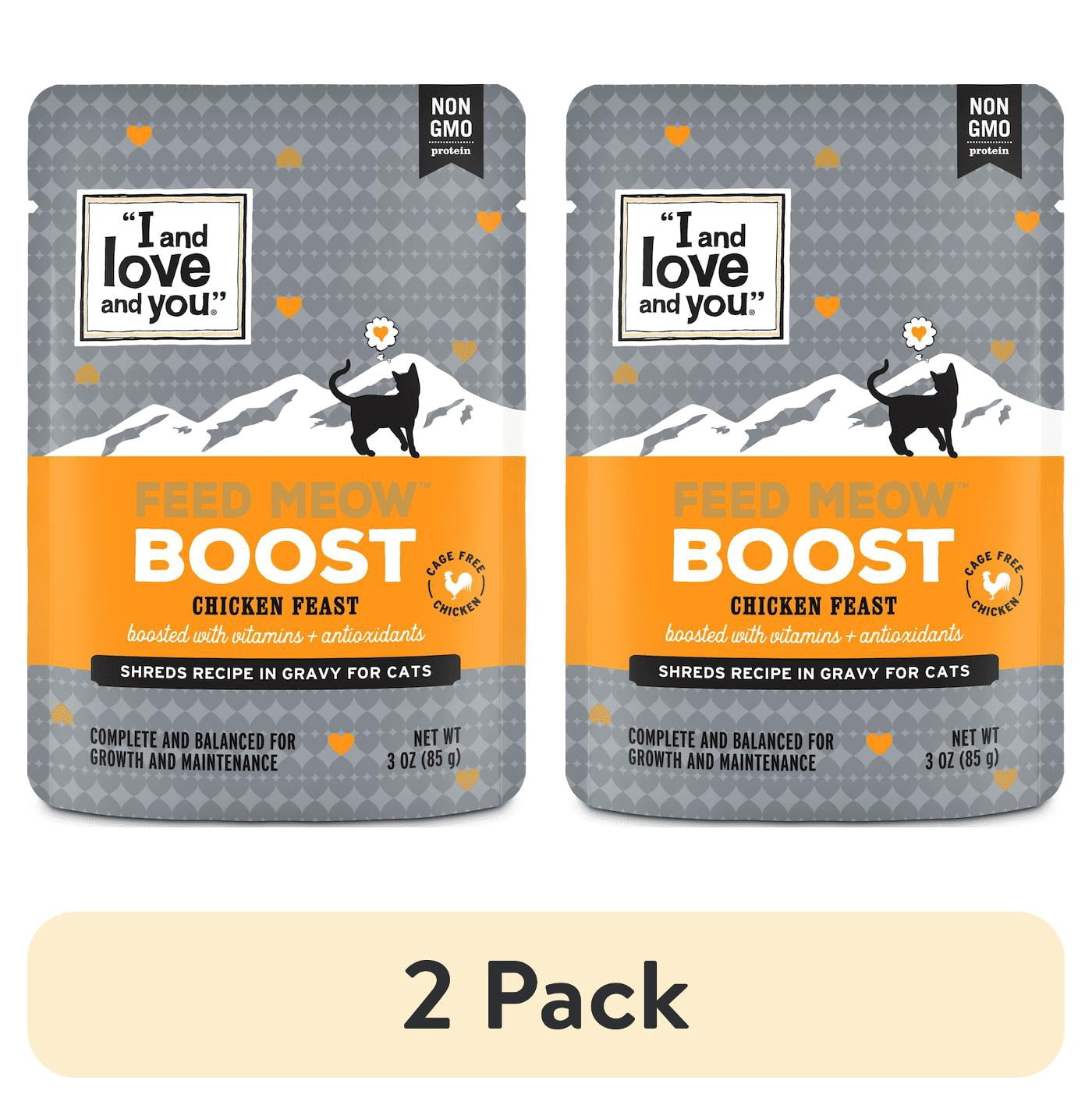 (2 pack) "I and love and you" Feed Meow Wet Cat Food, Boost Formula with Chicken, Vitamins and Antioxidants, Grain Free, No Fillers, 3 oz. Pouch