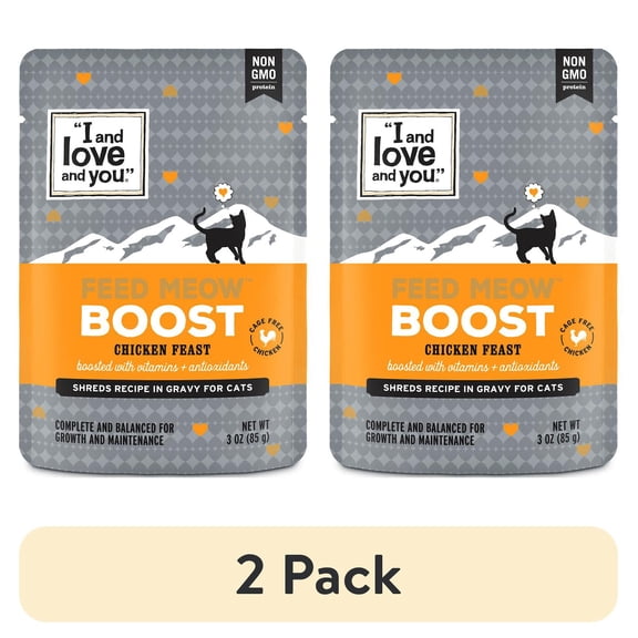 (2 pack) "I and love and you" Feed Meow Wet Cat Food, Boost Formula with Chicken, Vitamins and Antioxidants, Grain Free, No Fillers, 3 oz. Pouch