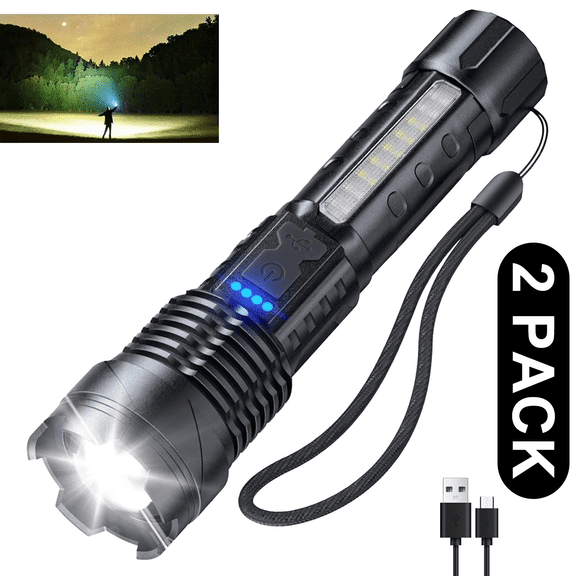 (2 pack) IJIL 90000 Lumens Powerful Flashlight, USB Rechargeable Zoomable Waterproof Super Bright 7 Modes