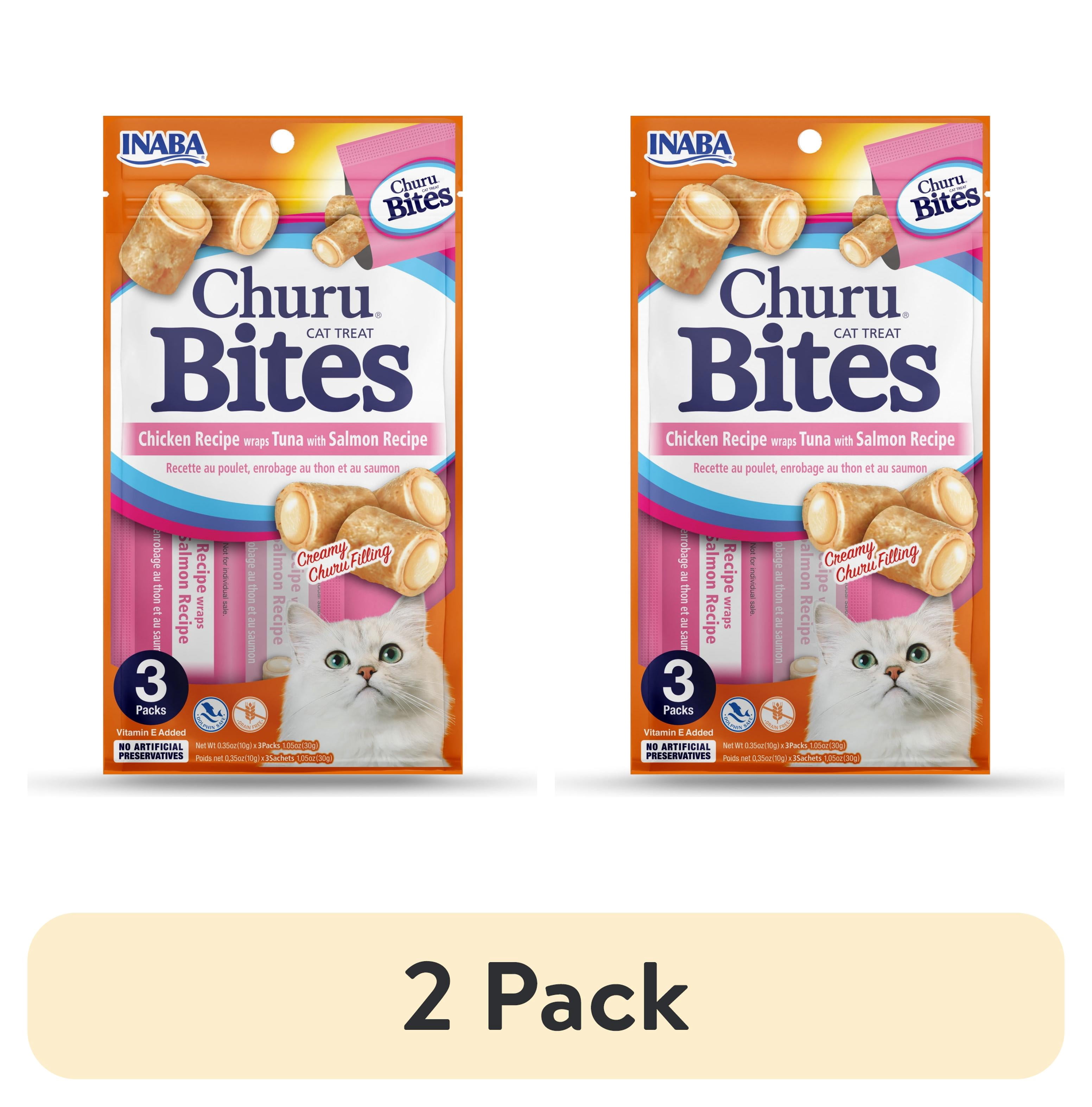(2 pack) INABA Churu Bites for Cats, Grain-Free, Soft/Chewy Baked Chicken Wrapped Cat Treats with Savory Churu Centers, 0.35 Ounces Each Tube, 3 Tubes, Tuna with Salmon Recipe