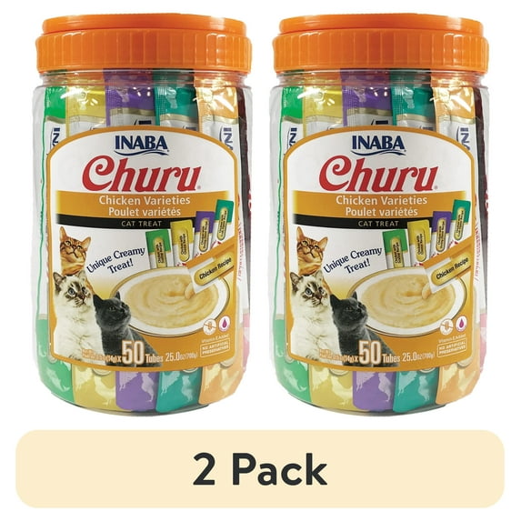 (2 pack) INABA Churu Creamy, Lickable Purée Cat Treat w Taurine, 0.5 oz, 50 Tubes, Chicken Variety