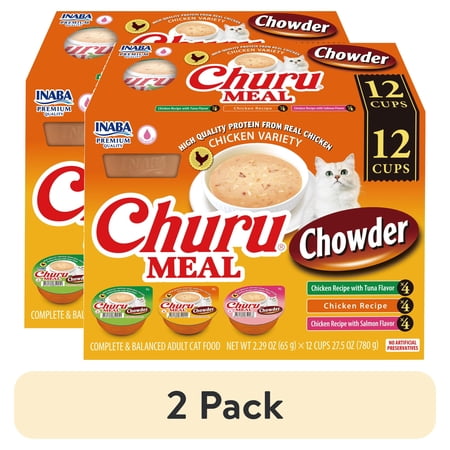 (2 pack) INABA Churu Meal Chowder Adult Wet Cat Food, 2.29 oz cup, 12-count, Chicken Variety Pack