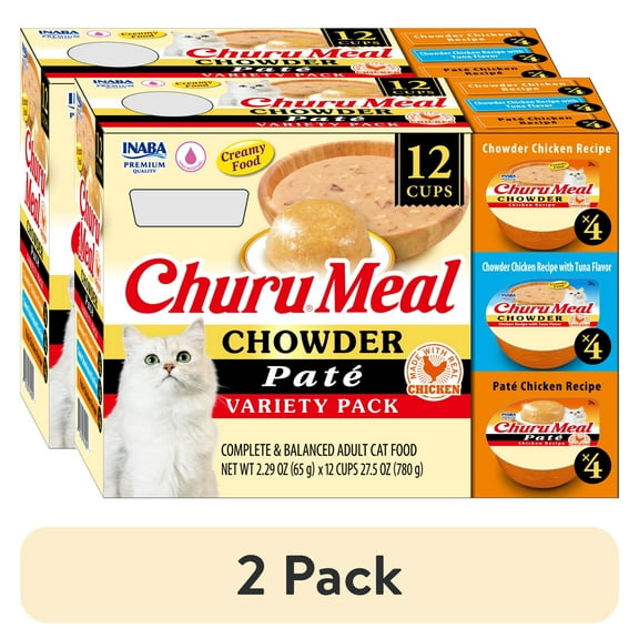 (2 pack) INABA Churu Meal Chowder Adult Wet Cat Food, 2.29 oz cup, 12-count, Chowder & Pate Variety Pack