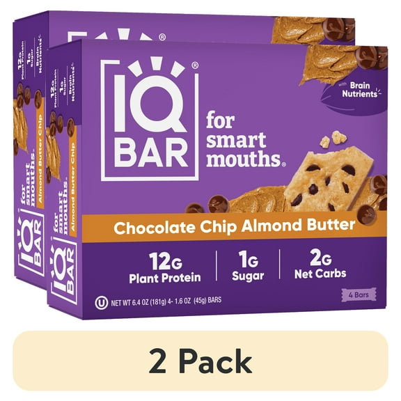 (2 pack) IQBAR Chocolate Chip Almond Butter Protein Bars - Vegan Energy Bars - High-Fiber Vegan Snacks - 4 Count Box