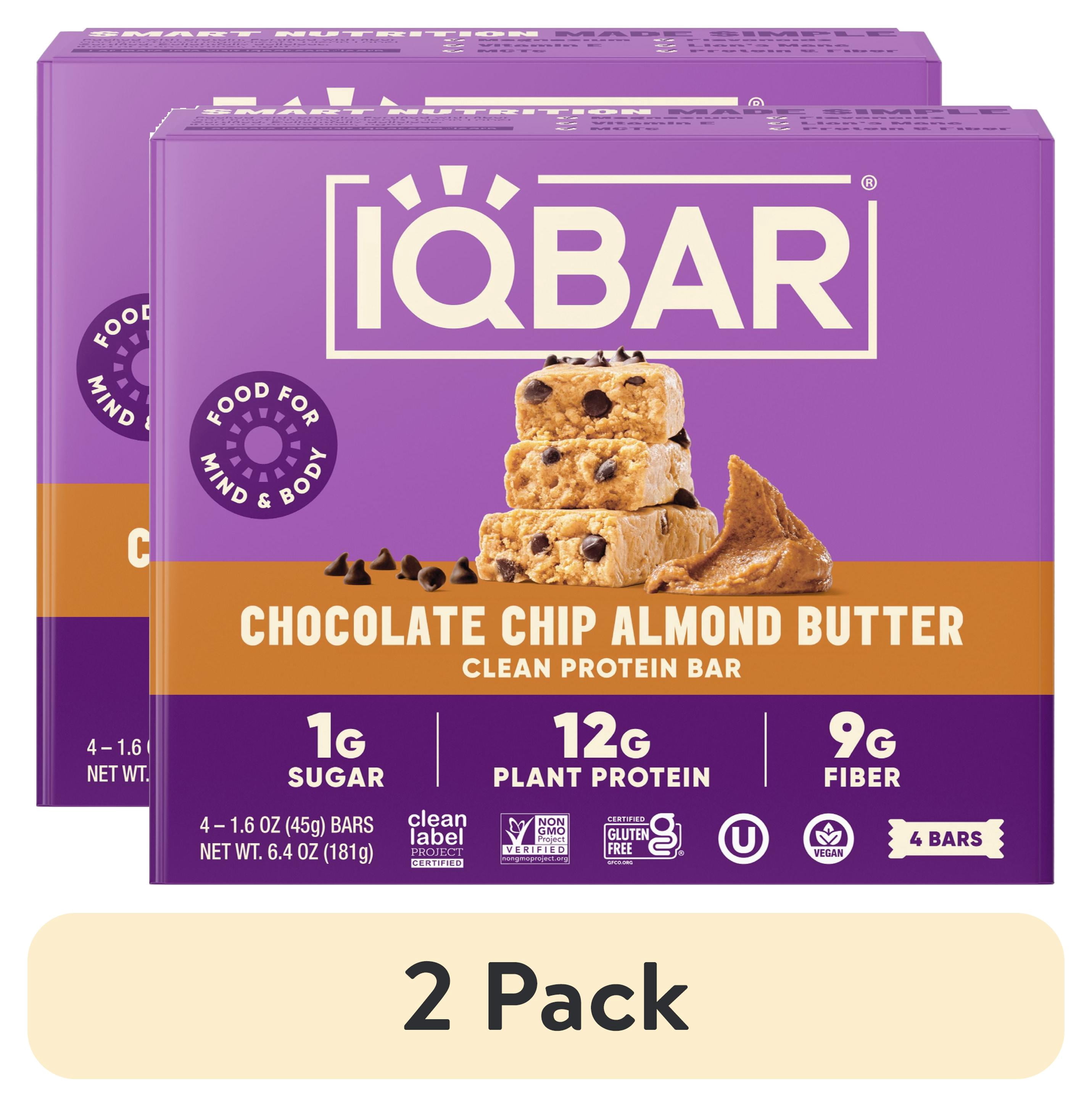 (2 pack) IQBAR Chocolate Chip Almond Butter Protein Bars - Vegan Energy Bars - High-Fiber Vegan Snacks - 4 Count Box