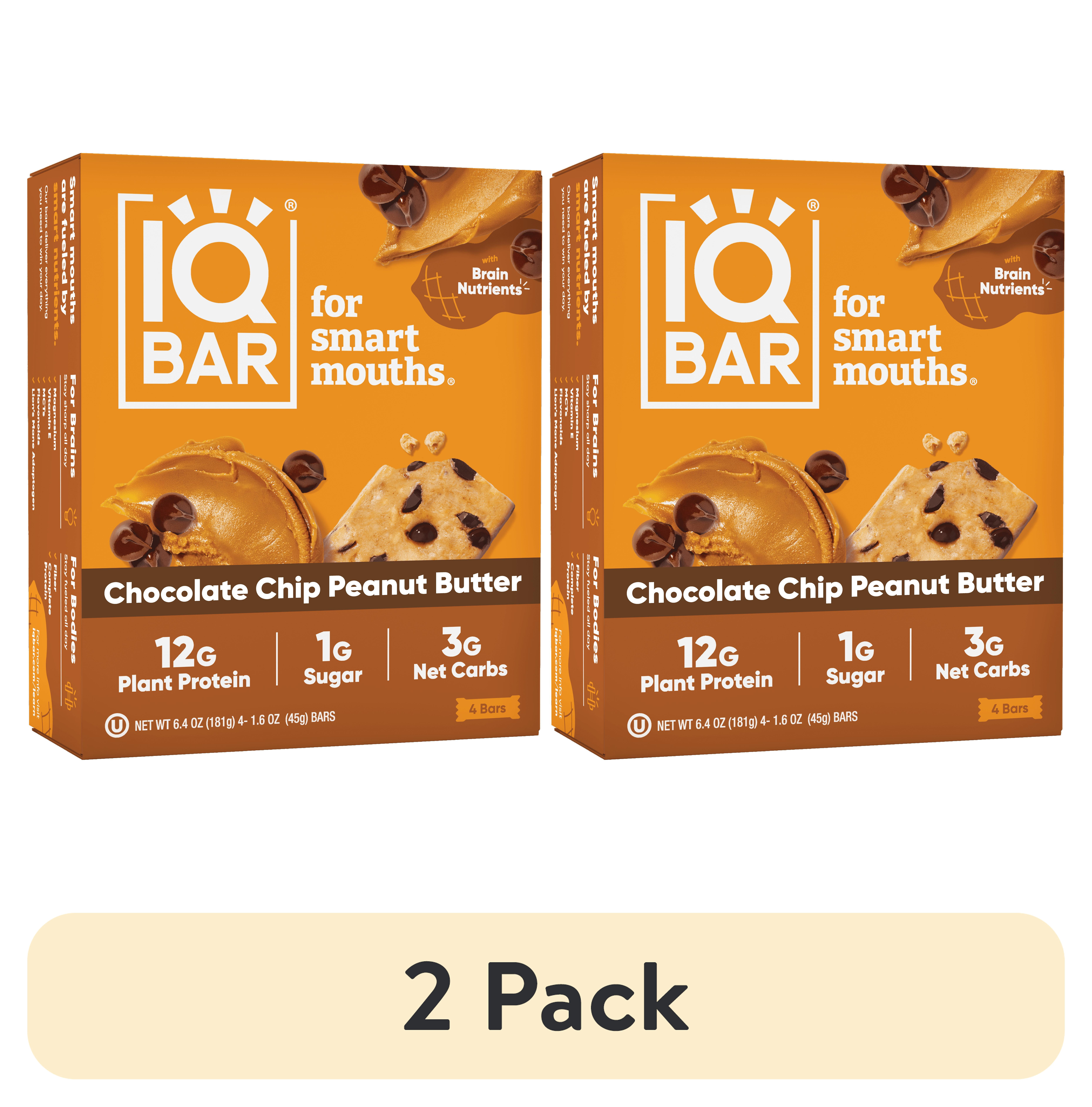 (2 pack) IQBAR Chocolate Chip Peanut Butter Protein Bars - Vegan Energy Bars - High Fiber Vegan Snacks - 4 Count Box